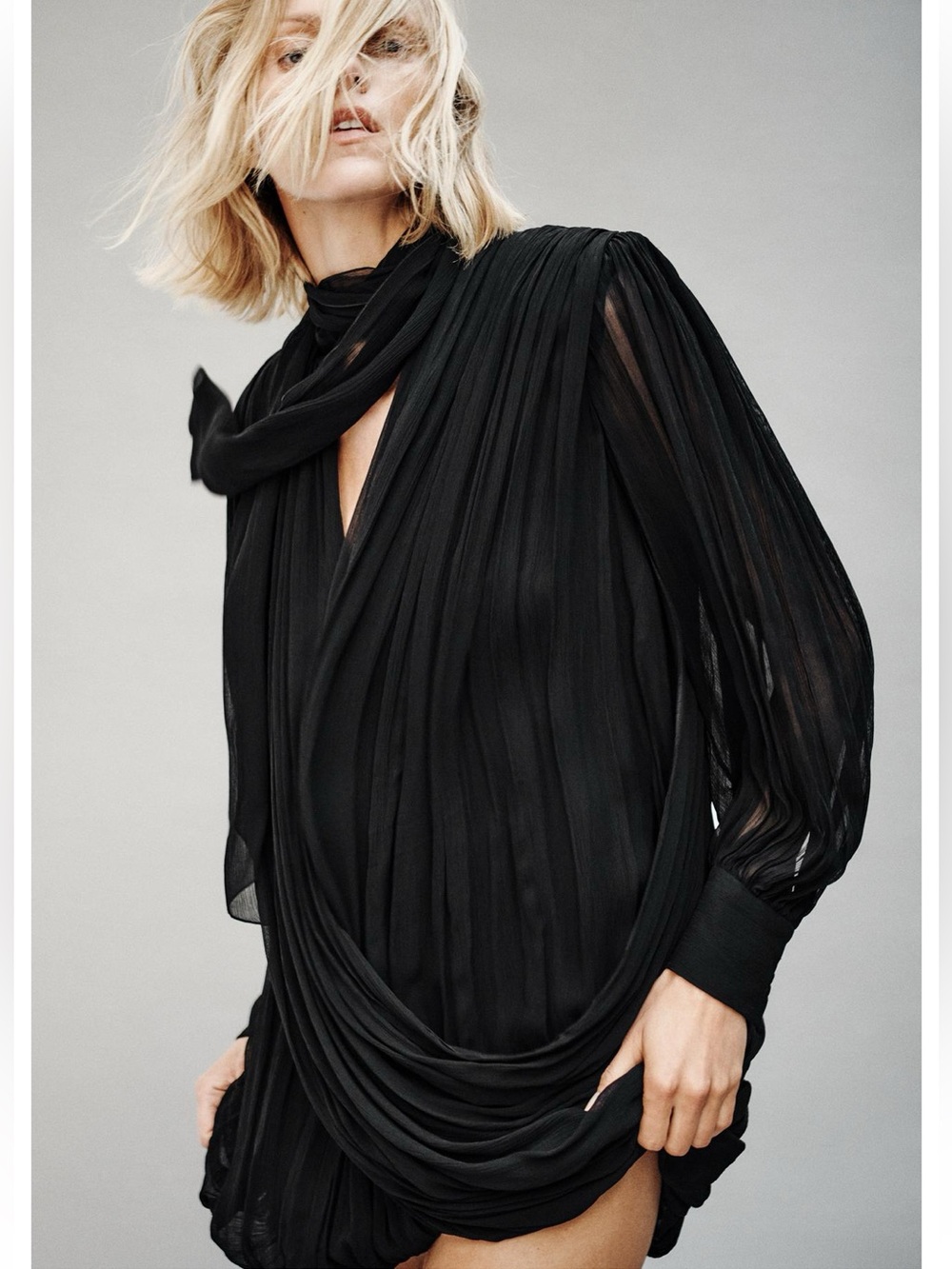 Elegant Black Draped Pleated Long-Sleeve Mini Dress